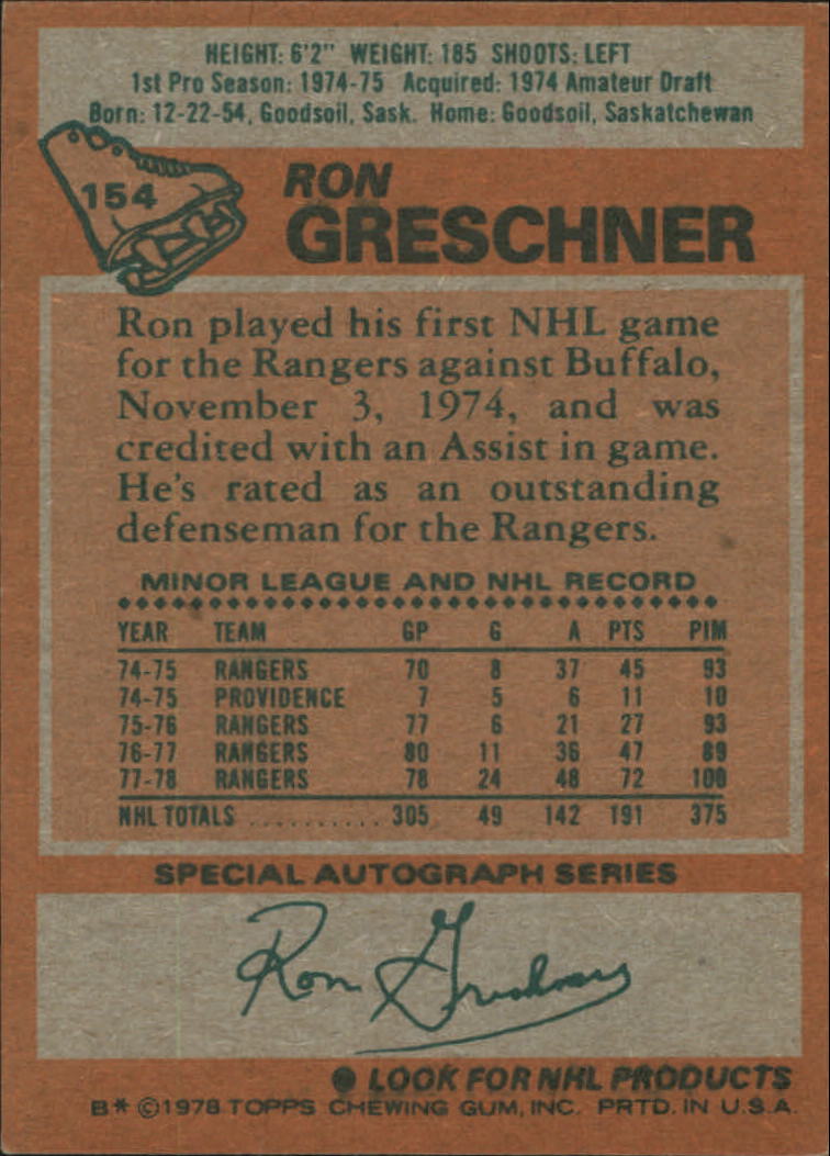 1978-79 Topps #154 Ron Greschner back image