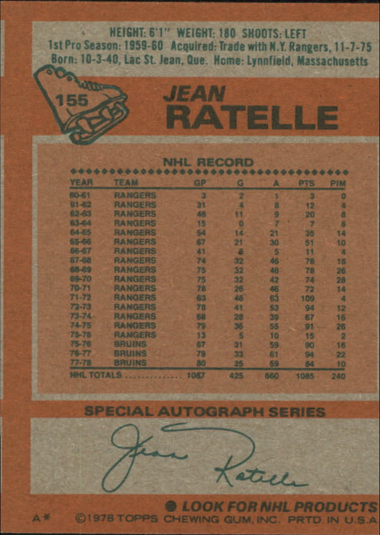 1978-79 Topps #155 Jean Ratelle back image