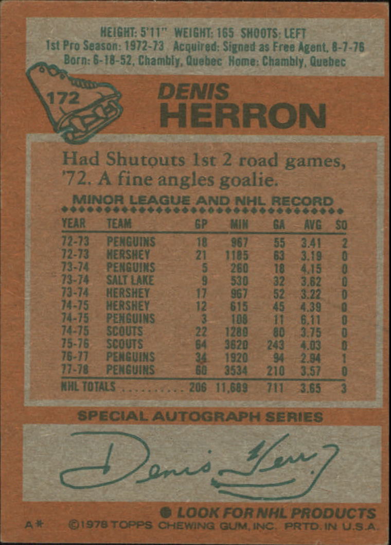 1978-79 Topps #172 Denis Herron back image