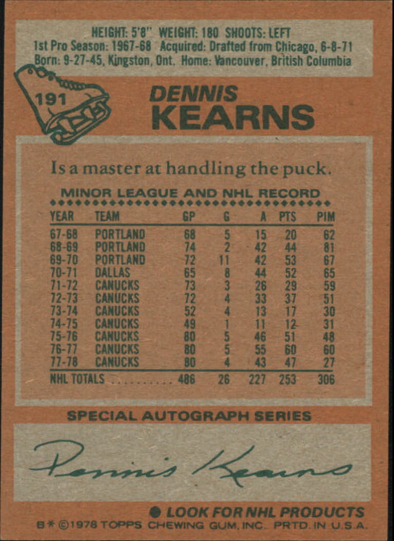 1978-79 Topps #191 Dennis Kearns back image