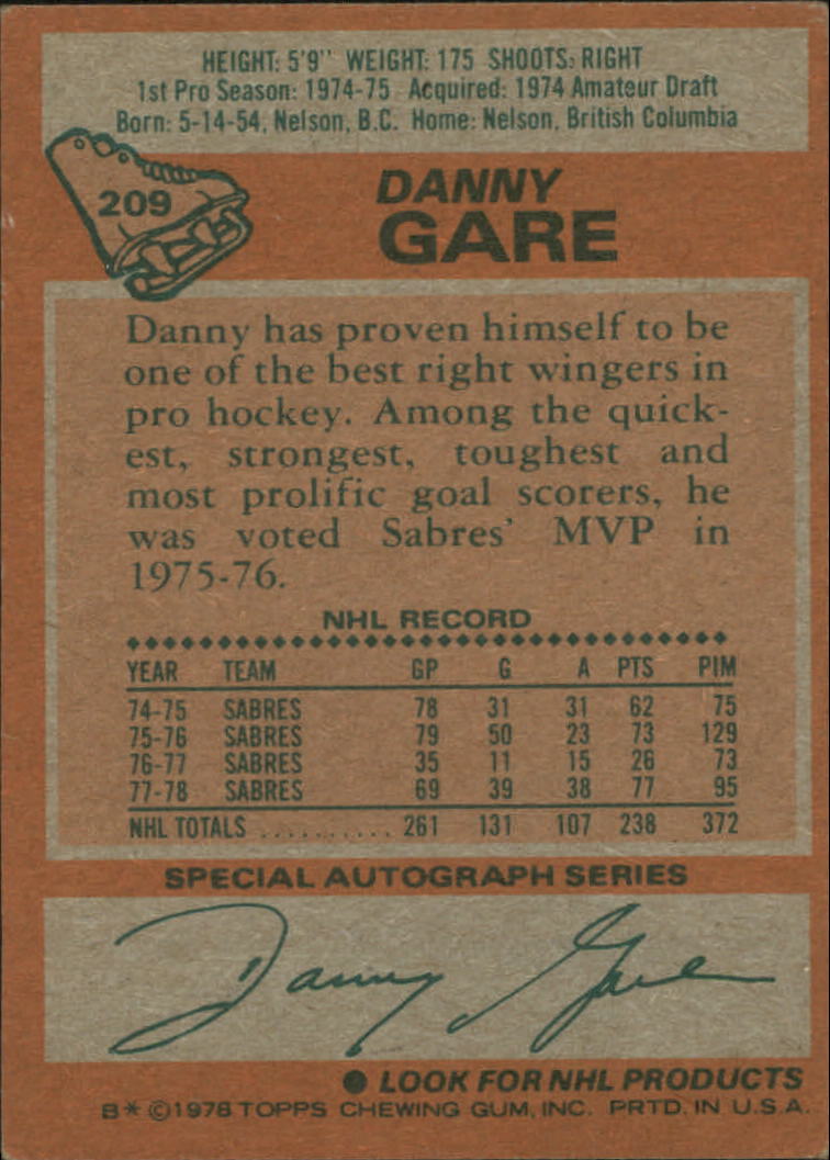 1978-79 Topps #209 Danny Gare back image