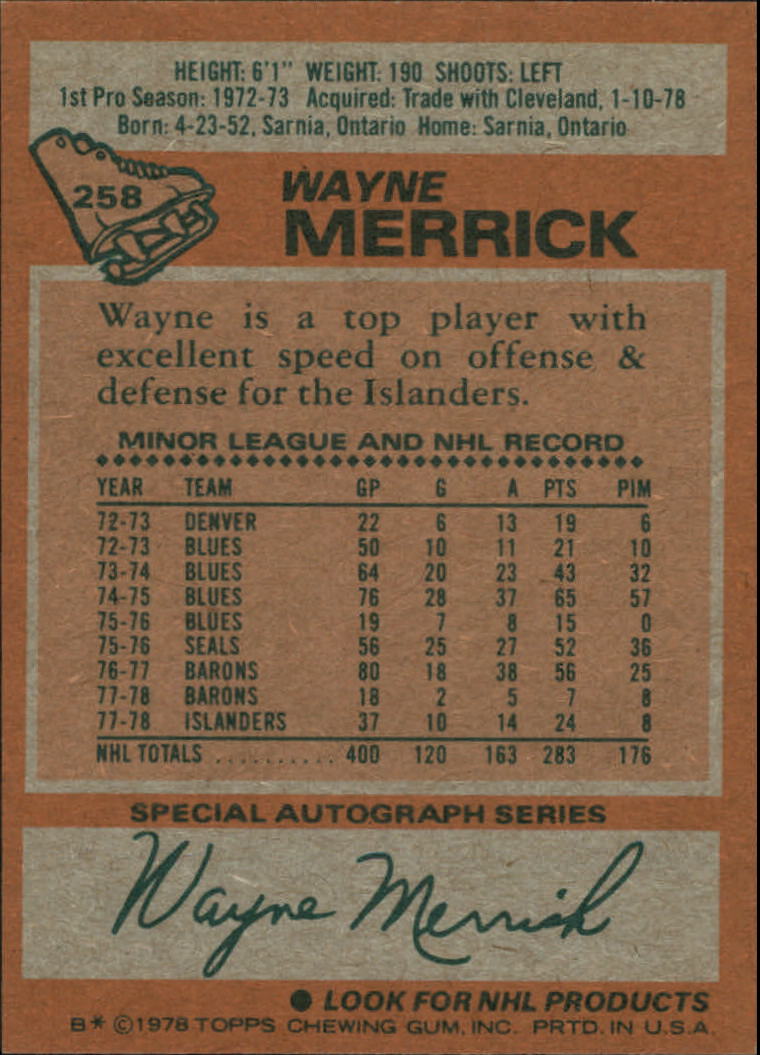 1978-79 Topps #258 Wayne Merrick back image