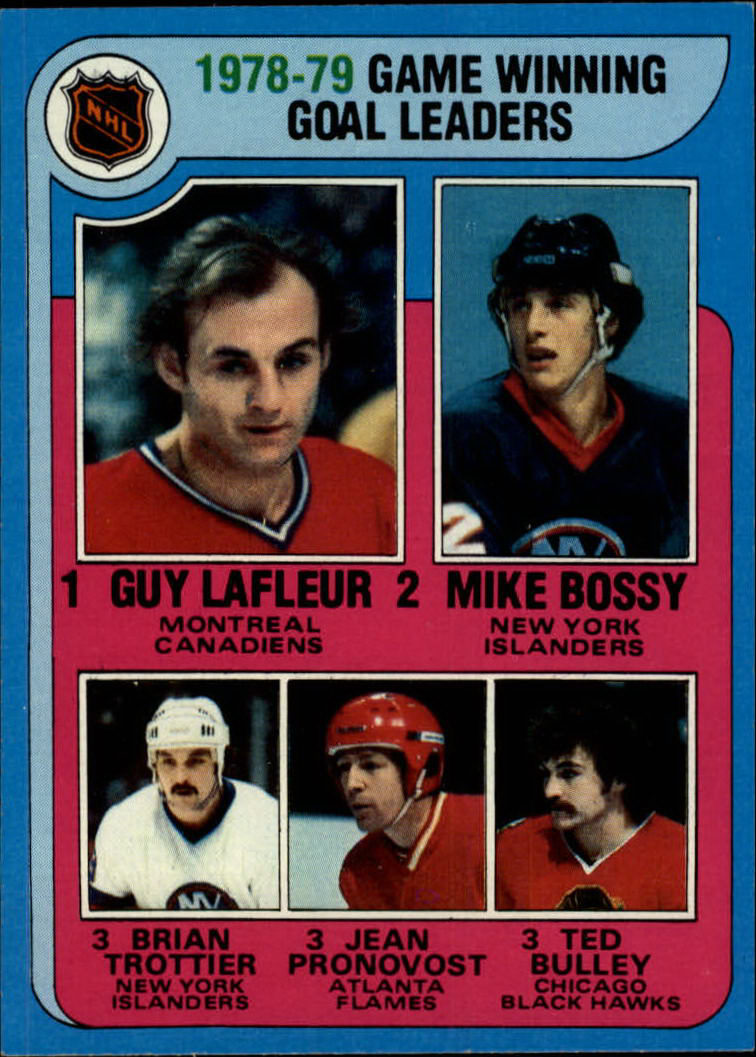 1979-80 Topps #7 Game Winning/Goals Leaders/Guy Lafleur/Mike Bossy/Bryan Trottier/Jean Pronovost/Ted Bulley