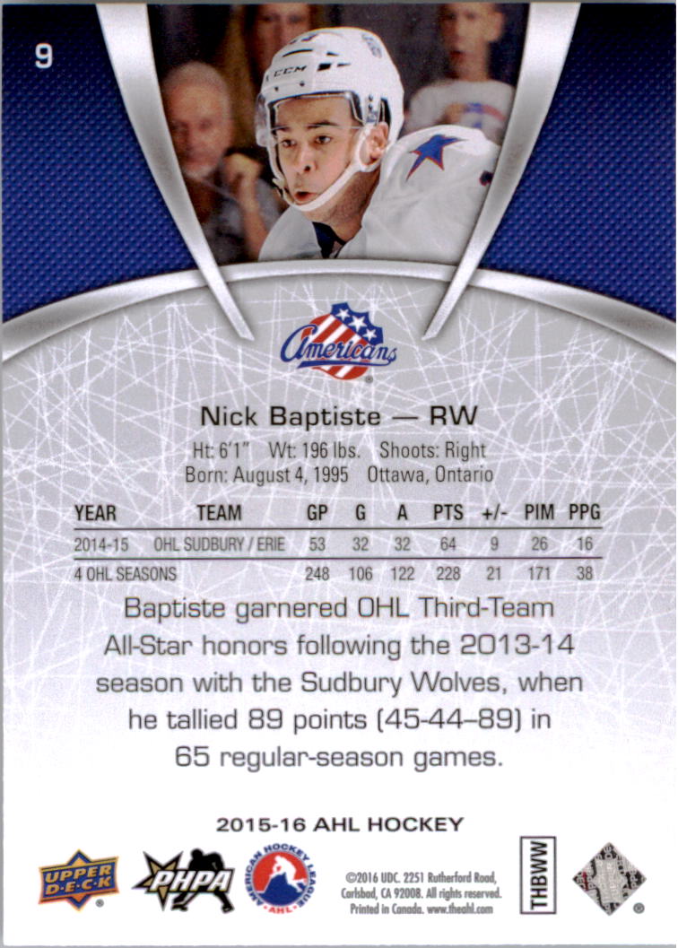 2015-16 Upper Deck AHL #9 Nick Baptiste back image