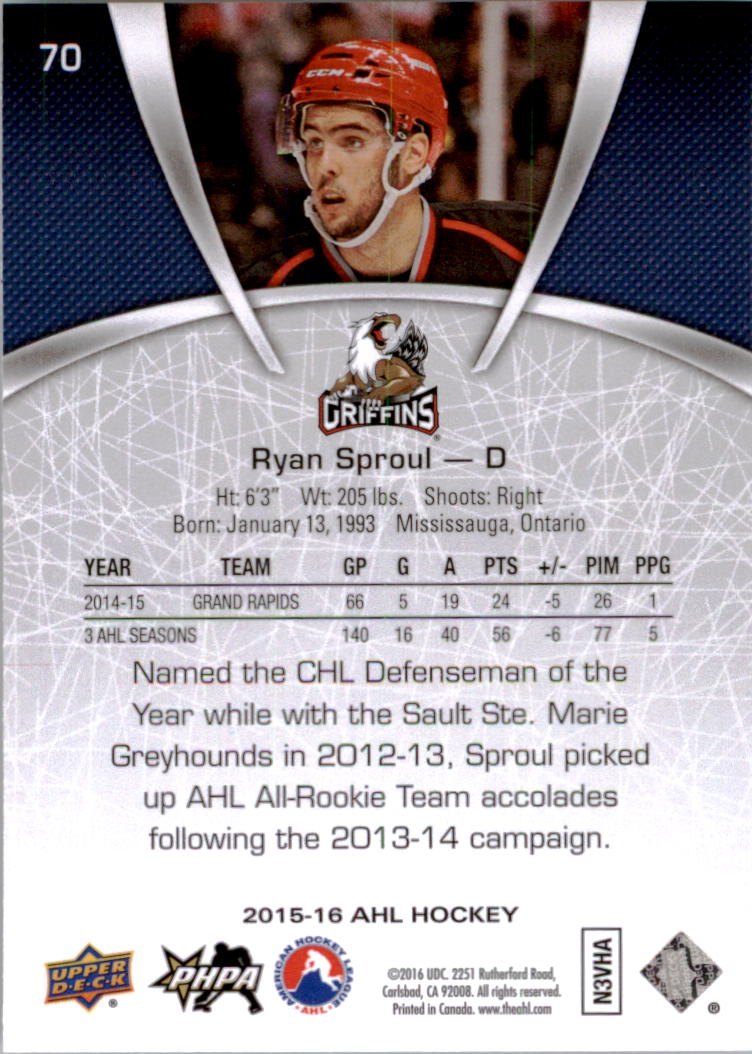 2015-16 Upper Deck AHL #70 Ryan Sproul back image