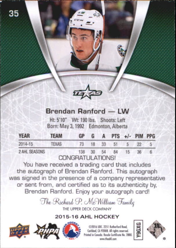 2015-16 Upper Deck AHL Autographs #35 Brendan Ranford back image