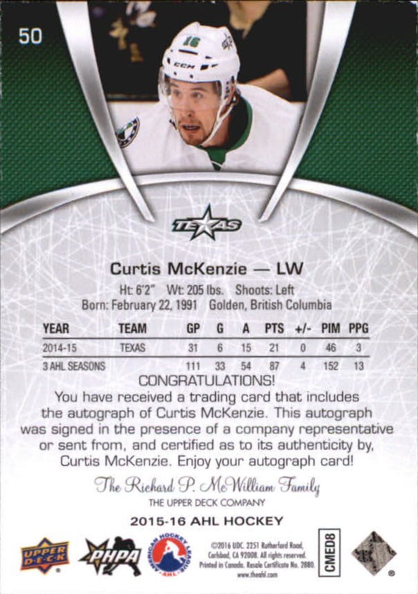 2015-16 Upper Deck AHL Autographs #50 Curtis McKenzie back image