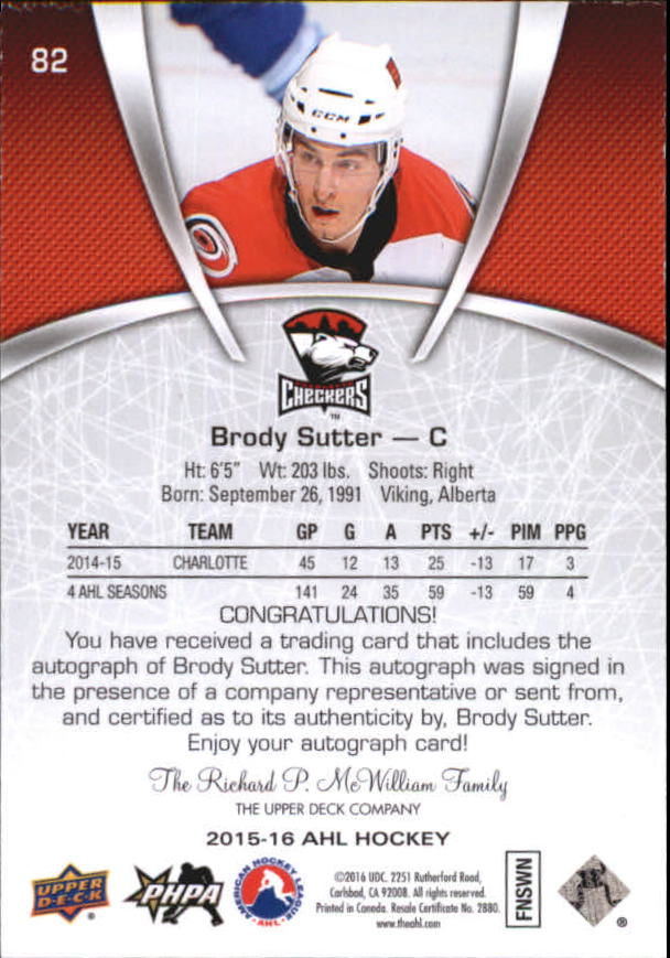 2015-16 Upper Deck AHL Autographs #82 Brody Sutter back image