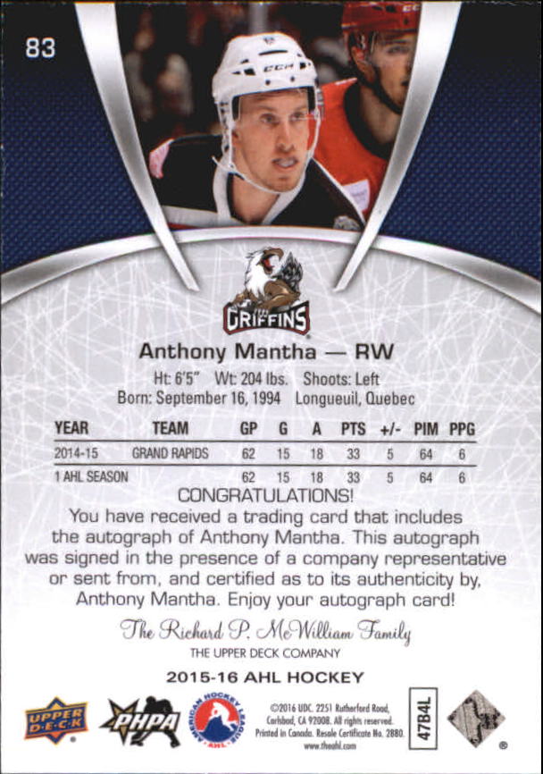 2015-16 Upper Deck AHL Autographs #83 Anthony Mantha back image