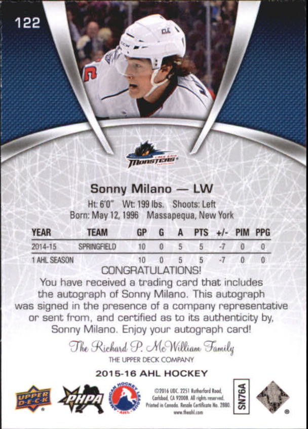 2015-16 Upper Deck AHL Autographs #122 Sonny Milano back image
