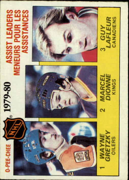 1980-81 O-Pee-Chee #162 Assists Leaders/Wayne Gretzky (1)/Marcel Dionne (2)/Guy Lafleur (3)