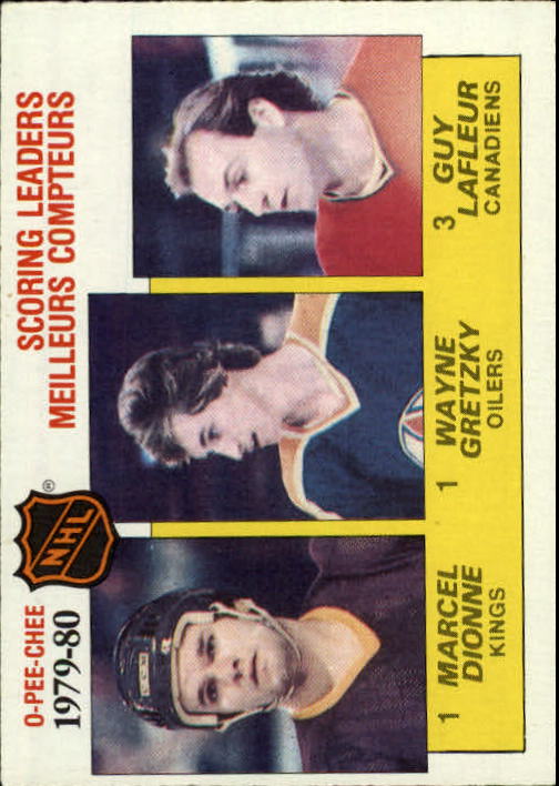 1980-81 O-Pee-Chee #163 Scoring Leaders/Marcel Dionne (1)/Wayne Gretzky (1)/Guy Lafleur (3)