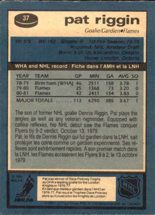 1981-82 O-Pee-Chee #37 Pat Riggin RC back image