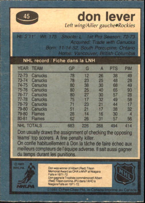 1981-82 O-Pee-Chee #45 Don Lever back image