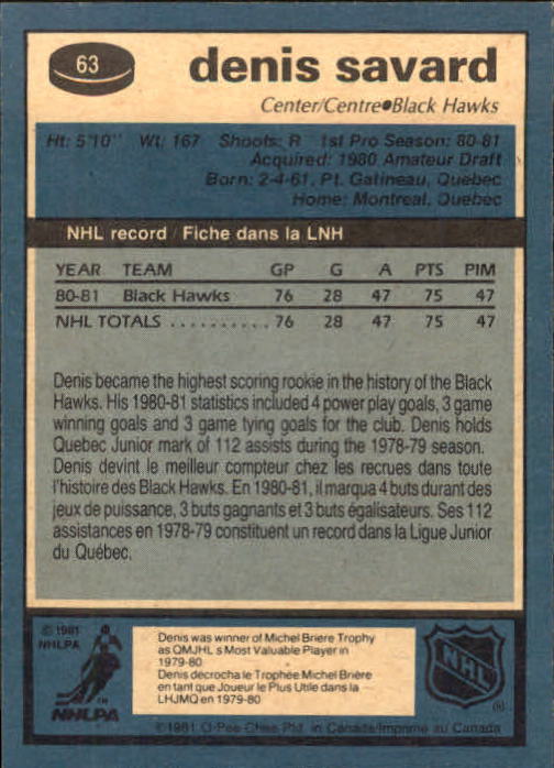 1981-82 O-Pee-Chee #63 Denis Savard RC back image