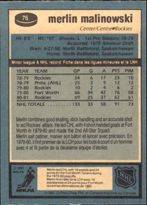 1981-82 O-Pee-Chee #76 Merlin Malinowski RC back image