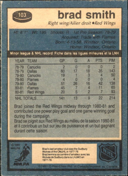 1981-82 O-Pee-Chee #103 Brad Smith RC back image