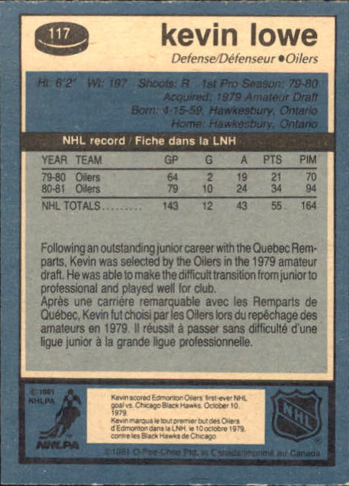 1981-82 O-Pee-Chee #117 Kevin Lowe RC back image