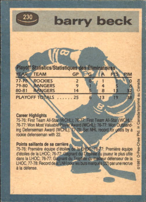 1981-82 O-Pee-Chee #230 Barry Beck SA back image