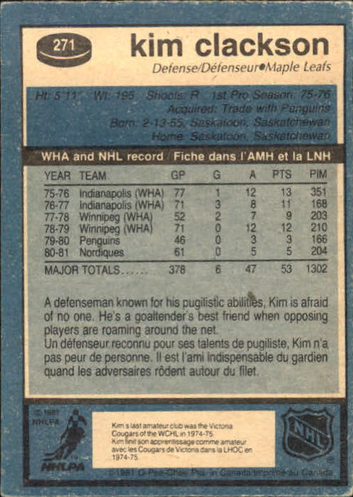 1981-82 O-Pee-Chee #271 Kim Clackson RC back image