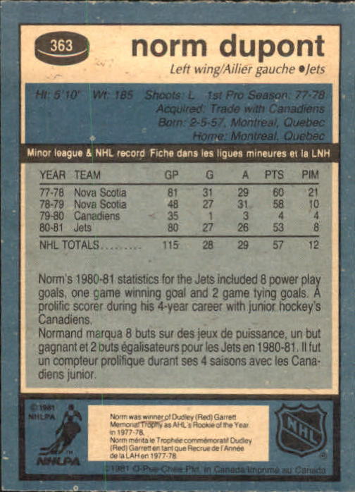 1981-82 O-Pee-Chee #363 Norm Dupont RC back image