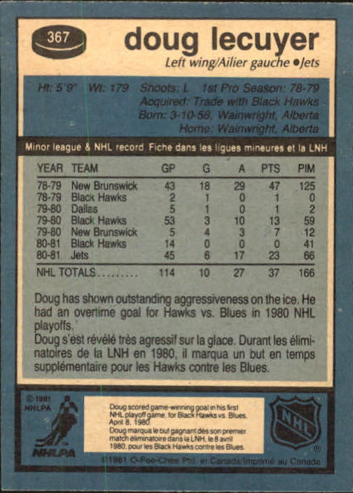 1981-82 O-Pee-Chee #367 Doug Lecuyer RC back image