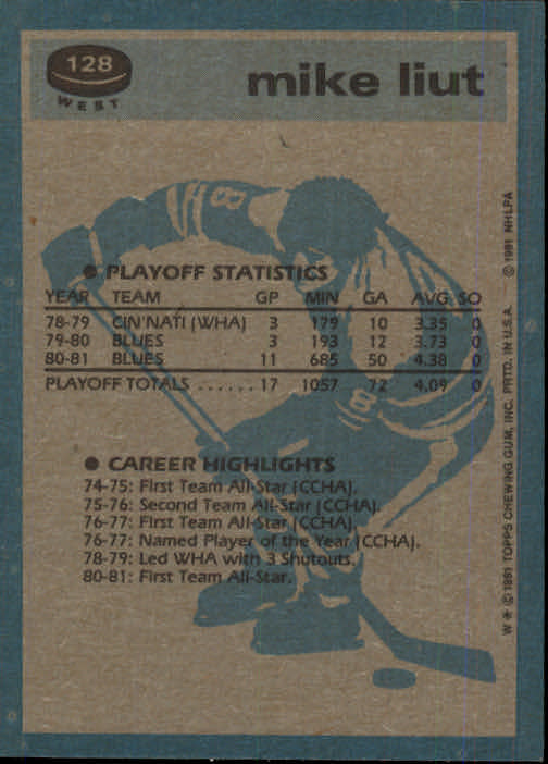 1981-82 Topps #W128 Mike Liut SA back image