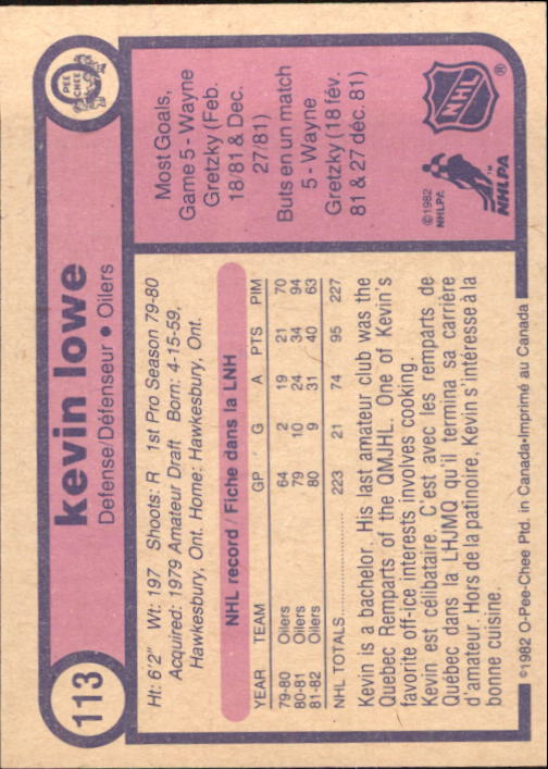 1982-83 O-Pee-Chee #113 Kevin Lowe UER back image