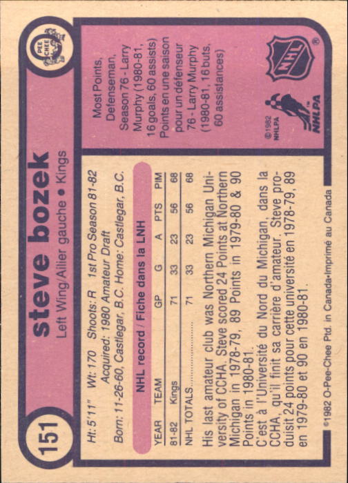 1982-83 O-Pee-Chee #151 Steve Bozek RC back image