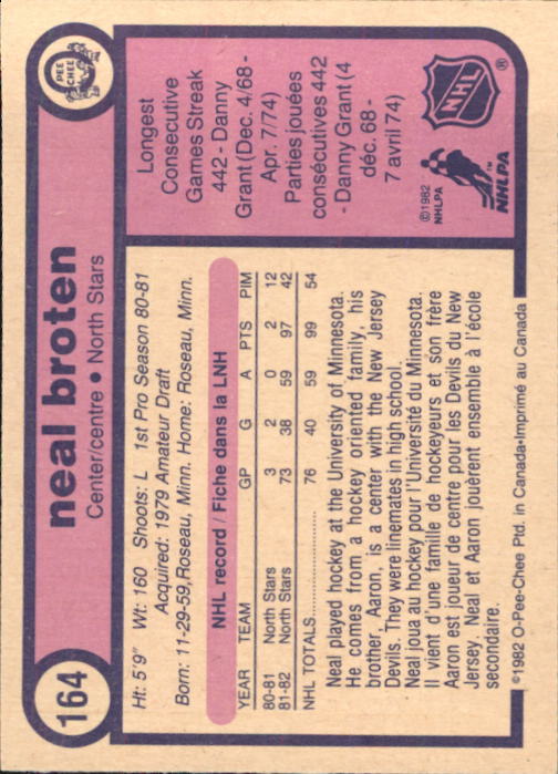 1982-83 O-Pee-Chee #164 Neal Broten RC back image