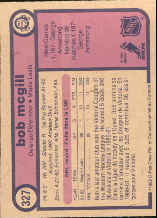1982-83 O-Pee-Chee #327 Bob McGill RC back image