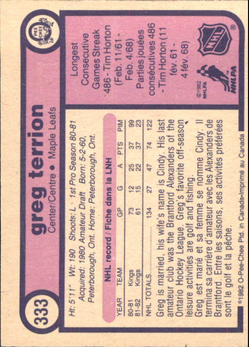 1982-83 O-Pee-Chee #333 Greg Terrion back image
