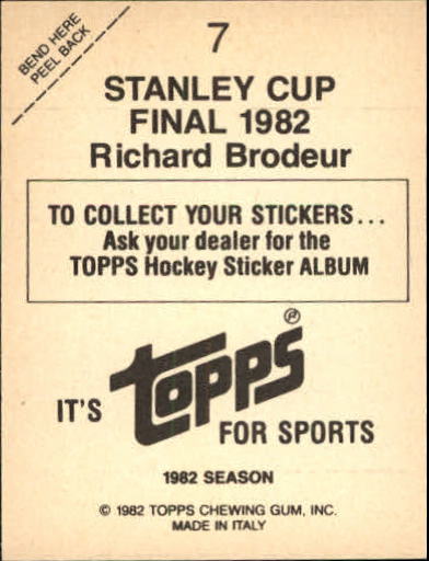 1982-83 Topps Stickers #7 Richard Brodeur back image