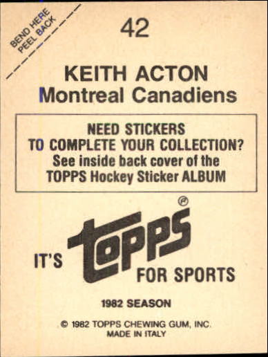 1982-83 Topps Stickers #42 Keith Acton back image