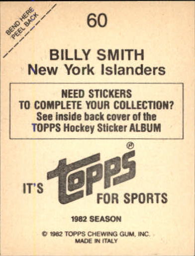 1982-83 Topps Stickers #60 Billy Smith back image