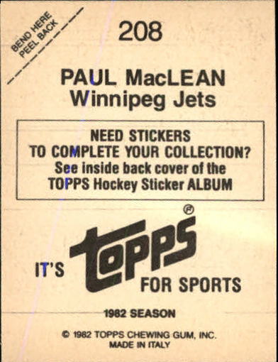 1982-83 Topps Stickers #208 Paul MacLean back image