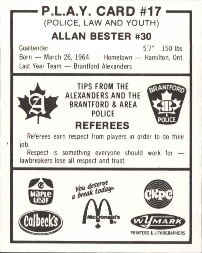 1983-84 Brantford Alexanders #17 Allan Bester back image