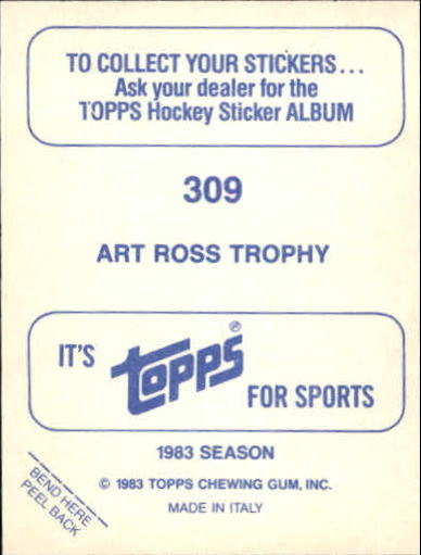 1983-84 O-Pee-Chee Stickers #309 Art Ross/Trophy FOIL back image