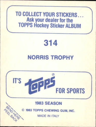 1983-84 O-Pee-Chee Stickers #314 Norris Trophy FOIL back image
