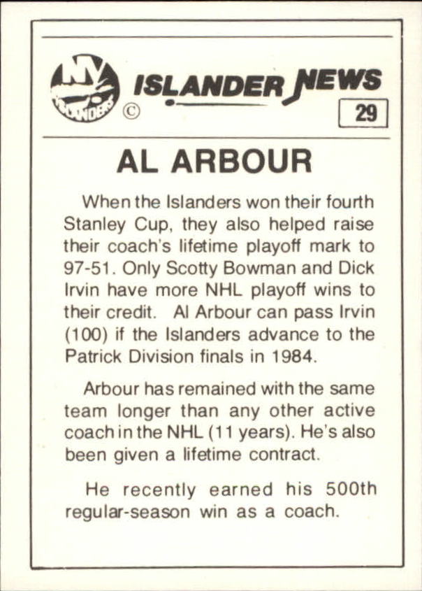 1984 Islanders News #29 Al Arbour CO back image