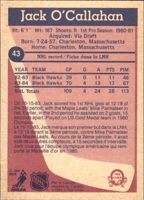 1984-85 O-Pee-Chee #43 Jack O'Callahan RC back image