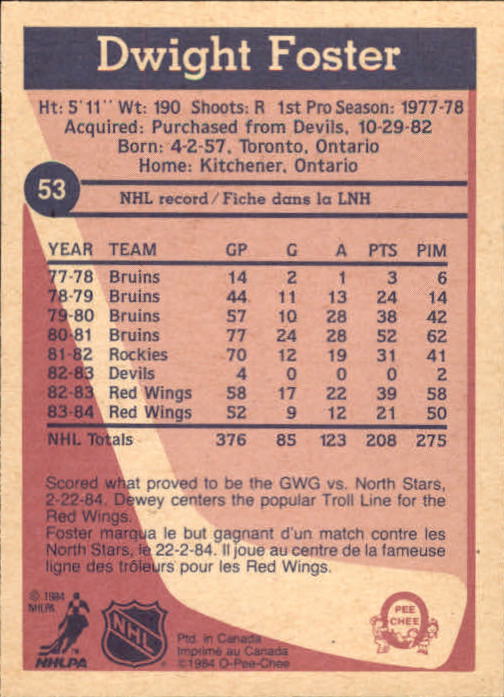 1984-85 O-Pee-Chee #53 Dwight Foster back image