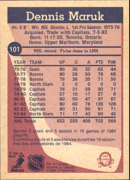 1984-85 O-Pee-Chee #101 Dennis Maruk back image