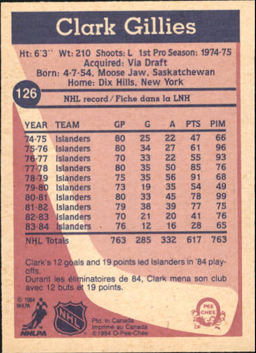 1984-85 O-Pee-Chee #126 Clark Gillies