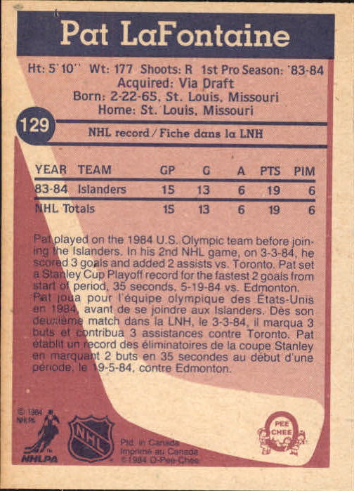 1984-85 O-Pee-Chee #129 Pat LaFontaine RC back image