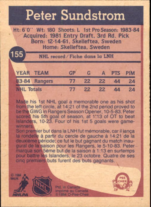 1984-85 O-Pee-Chee #155 Peter Sundstrom RC back image