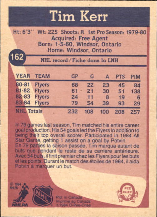 1984-85 O-Pee-Chee #162 Tim Kerr back image