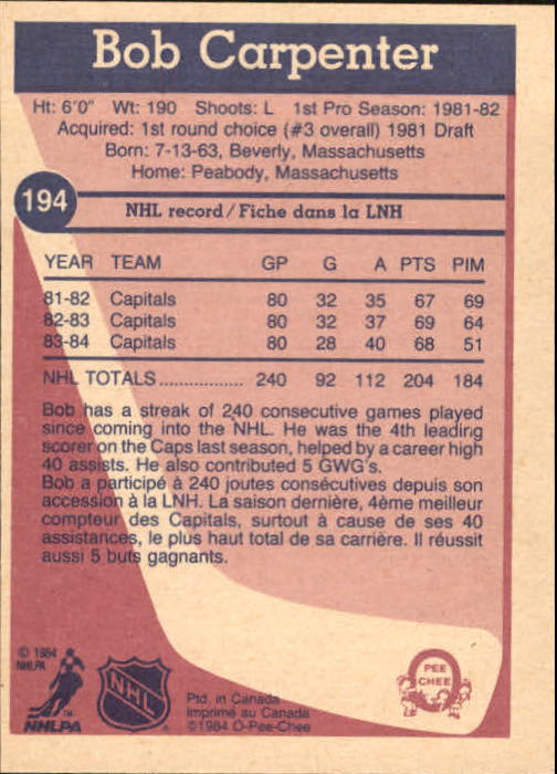 1984-85 O-Pee-Chee #194 Bobby Carpenter