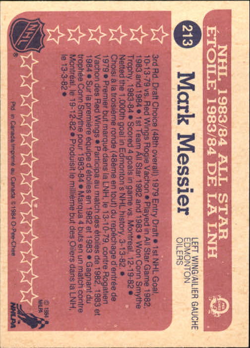 1984-85 O-Pee-Chee #213 Mark Messier AS back image