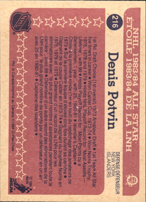 1984-85 O-Pee-Chee #216 Denis Potvin AS back image